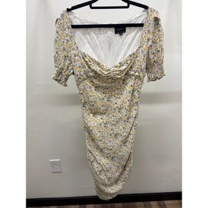 Bardot Yellow Floral Ruched Midi Dress‎ Womens 8 Sweetheart Puff Sleeve Bodycon